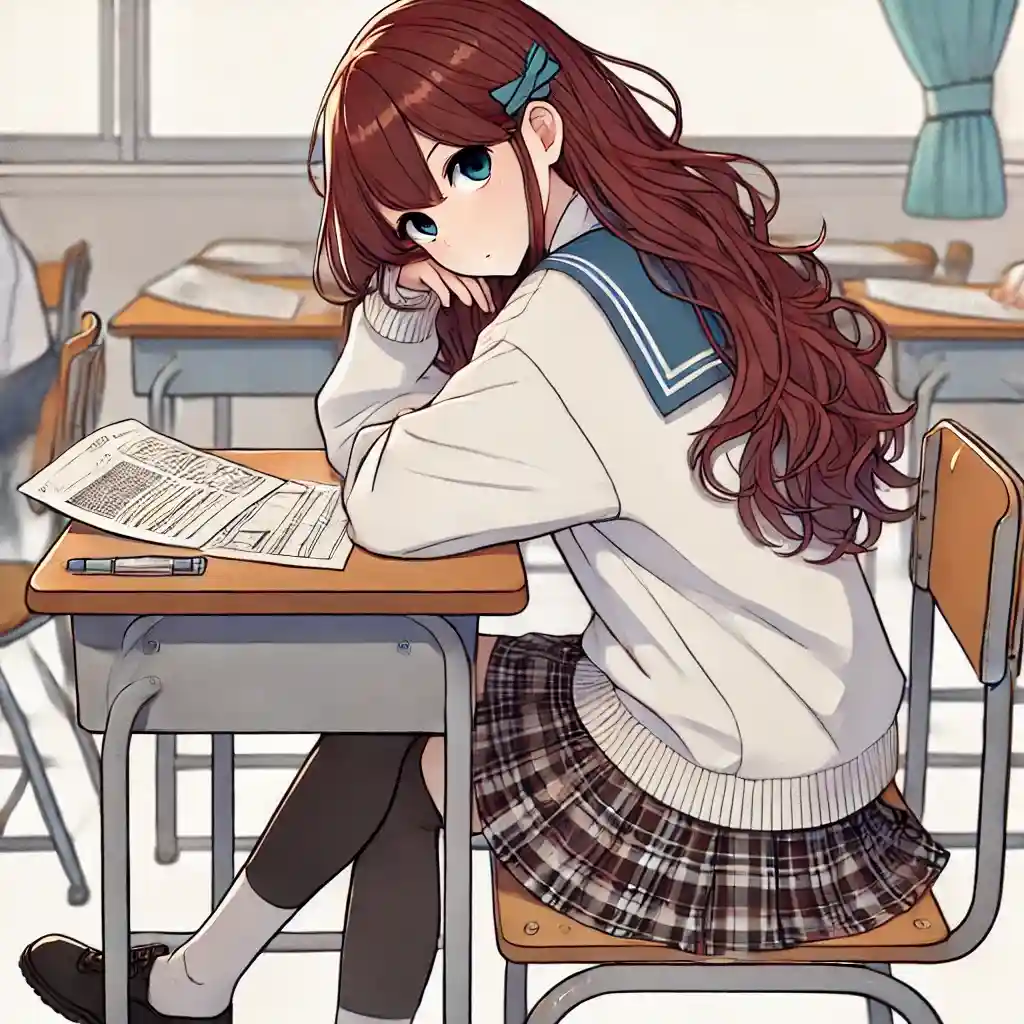 机で頬杖をつく中学生女子