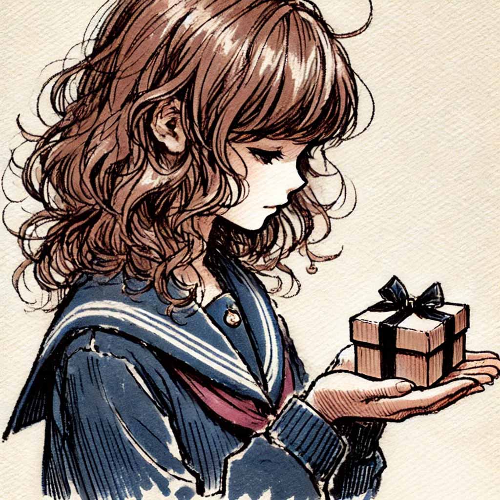 先輩へのプレゼントを持っている中学生女子