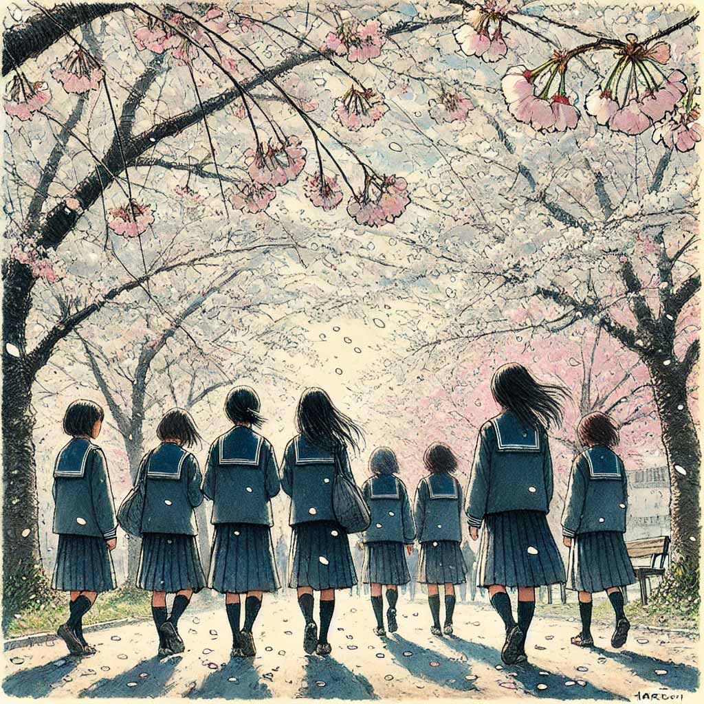 桜の下の女子中学生たち