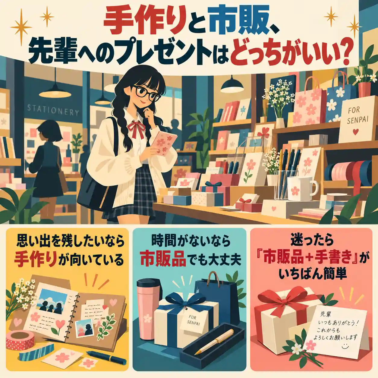 文房具店で先輩へのプレゼントを選ぶ女子中学生と、手作り・市販品・市販品＋手書きの選び方を比較したイラスト
