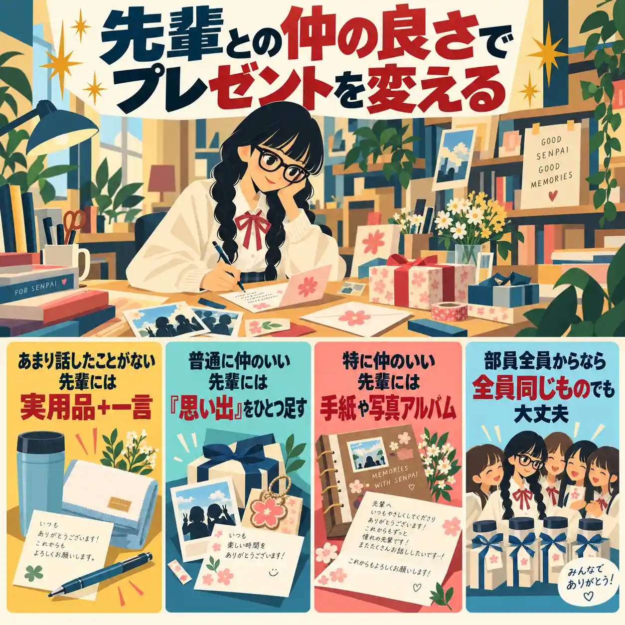 先輩へのメッセージカードを書く女子中学生と、仲の良さ別におすすめのプレゼントを紹介するインフォグラフィック