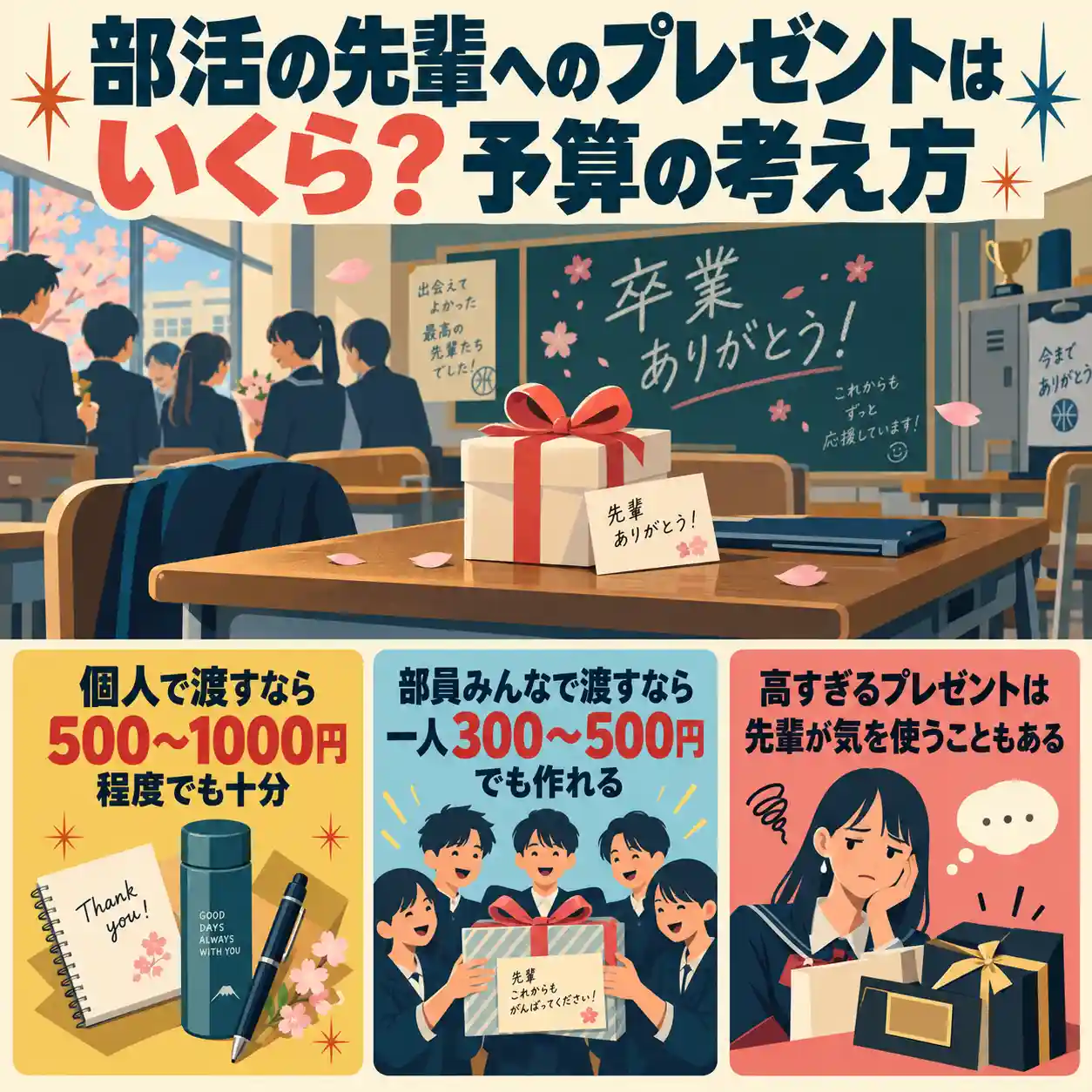 先輩の机に置かれたプレゼントと、個人・部員で贈る場合の予算目安を紹介するインフォグラフィック