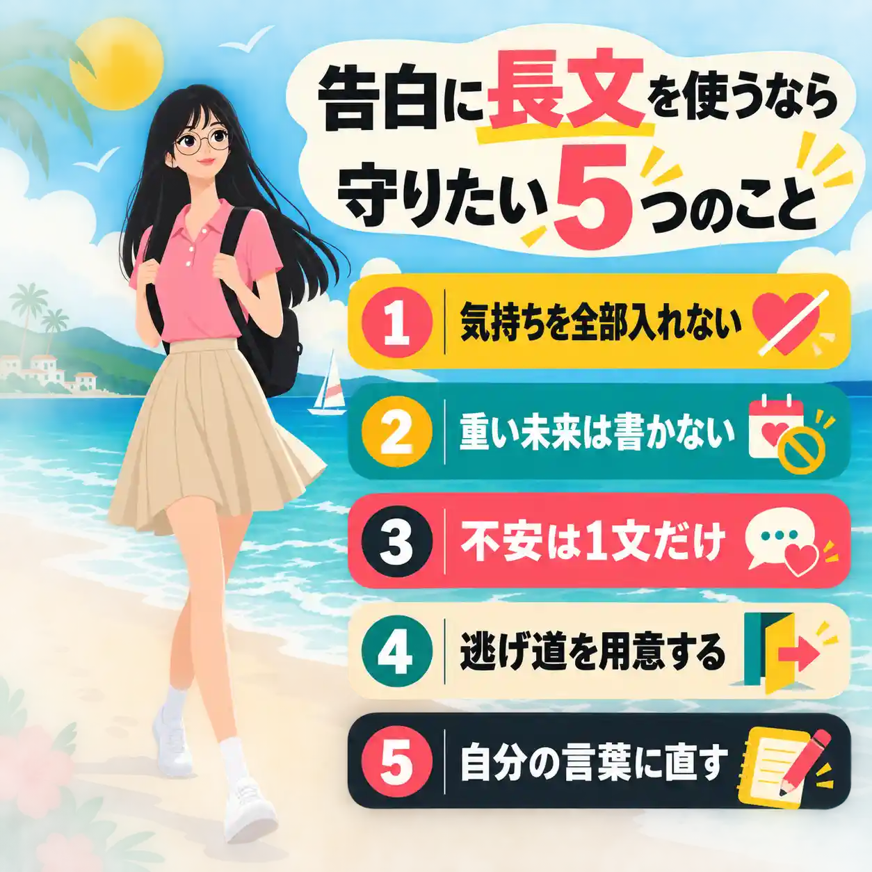 告白に長文を使うときの5つの注意点を紹介する女性のイラスト