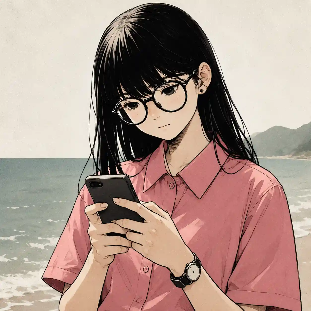 ラインを真剣に見ている女子