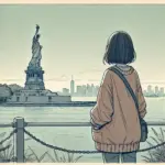 自由の女神像を眺める中学生女子