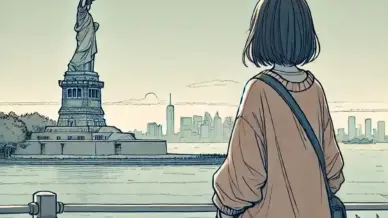 自由の女神像を眺める中学生女子