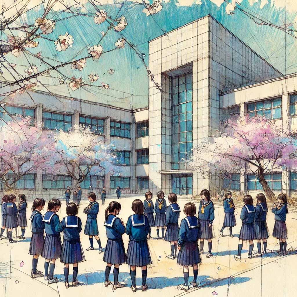三送会終わり 外に出た中学生たち 桜が満開