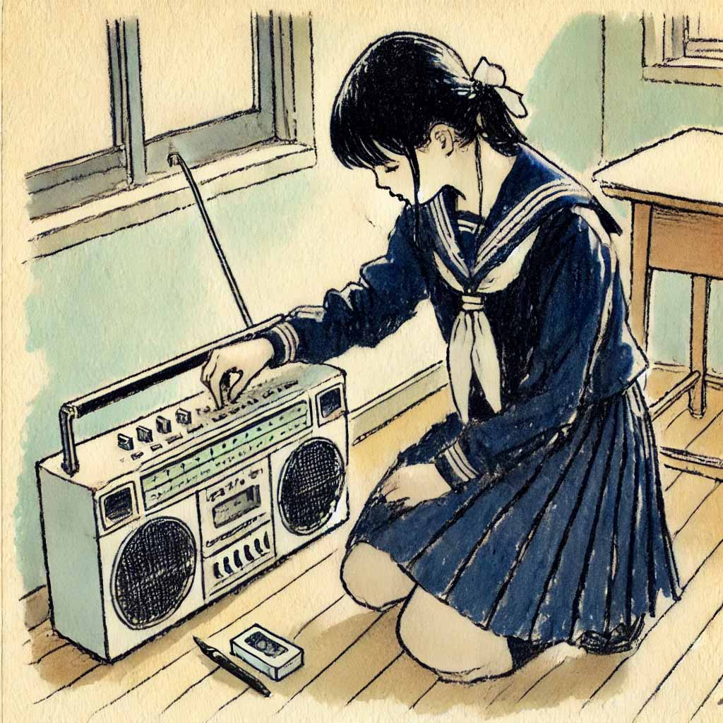 ラジカセに曲をセットする中学生女子