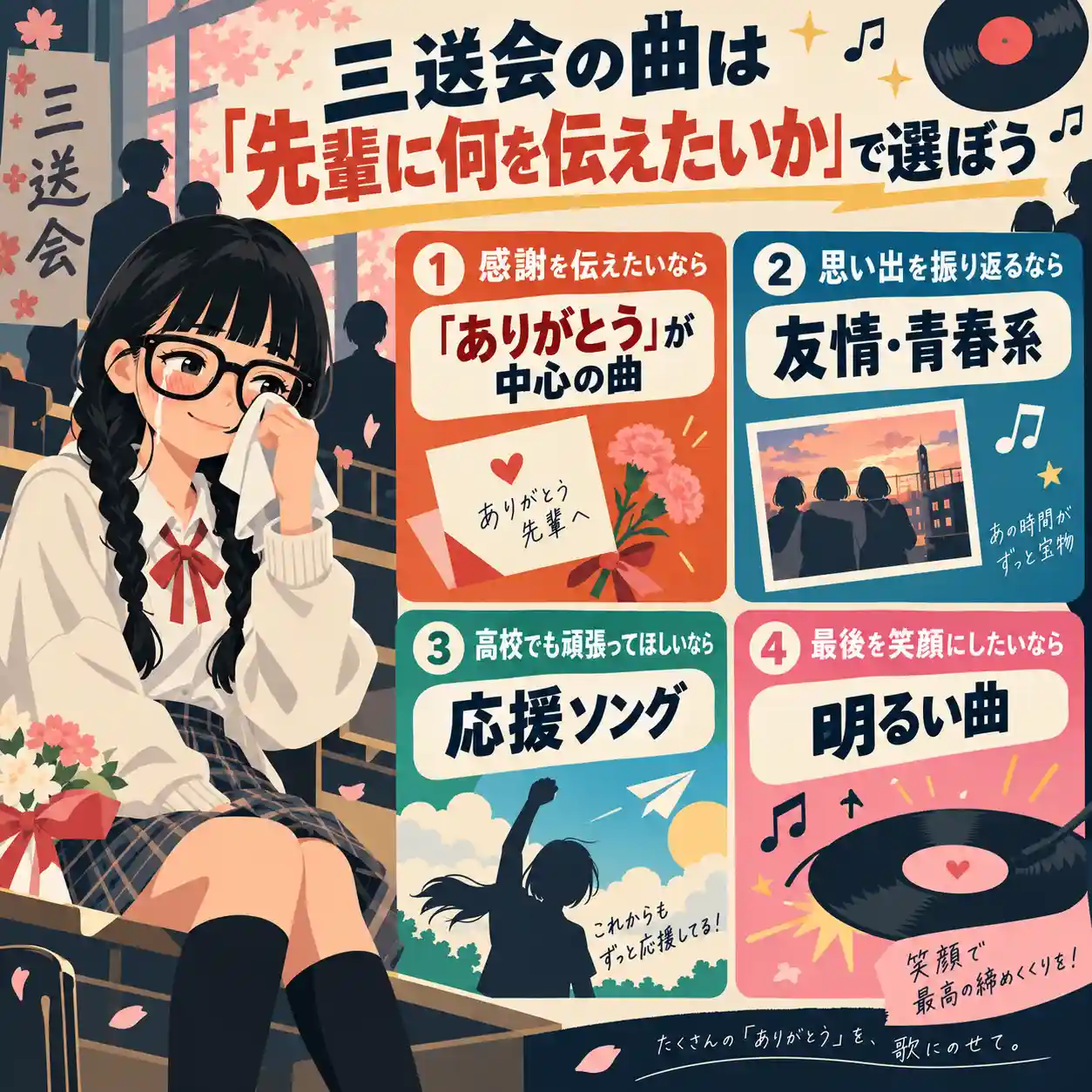 三送会で涙を拭く女子中学生と、感謝・友情・応援・明るさの4つから曲を選ぶポイントをまとめたイラスト