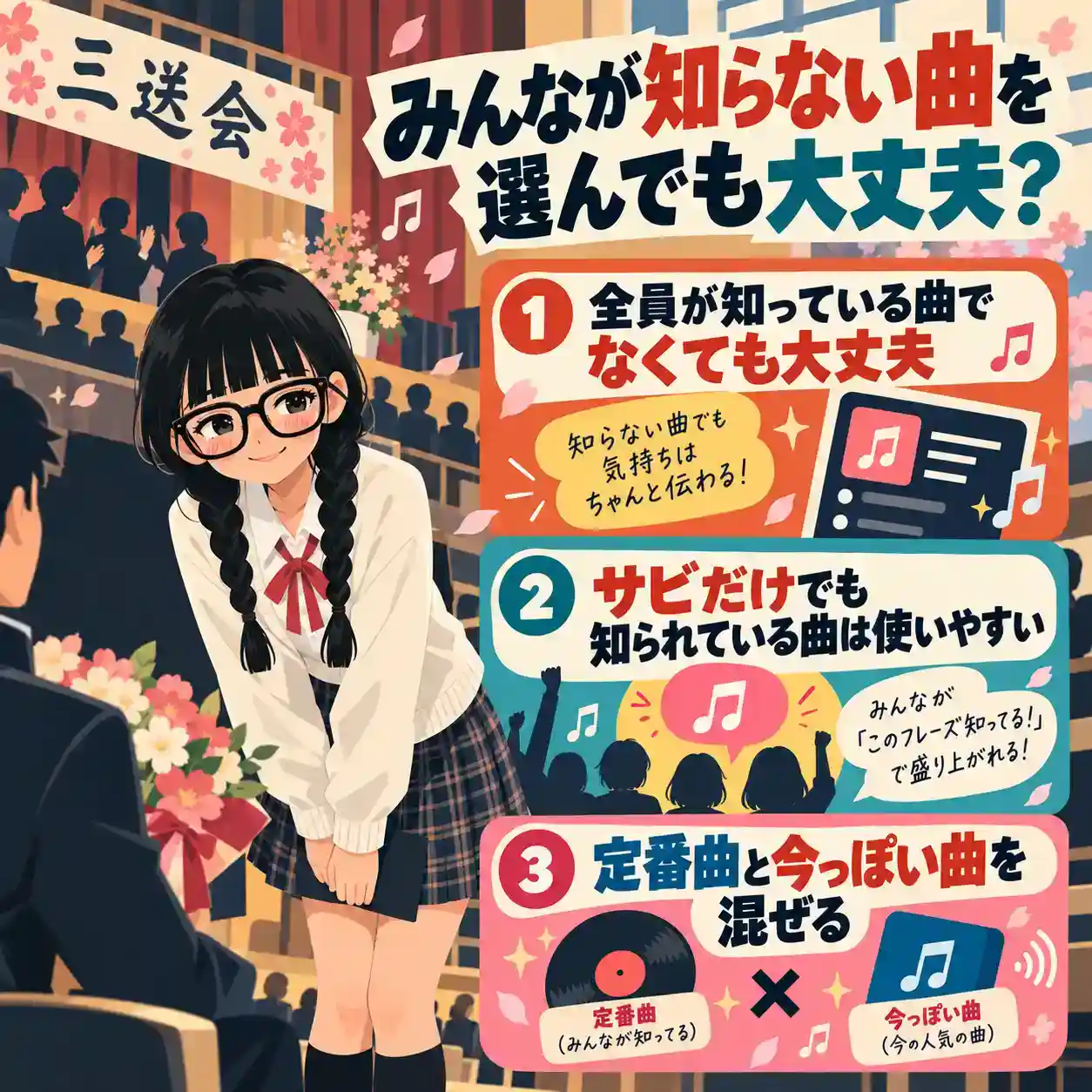 三送会で先輩に挨拶する女子中学生と、知らない曲でも選びやすくする3つのポイントをまとめたイラスト