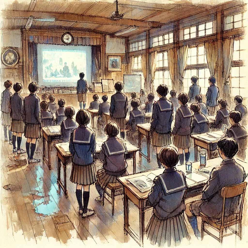 スライドショーを見ている中学生たち