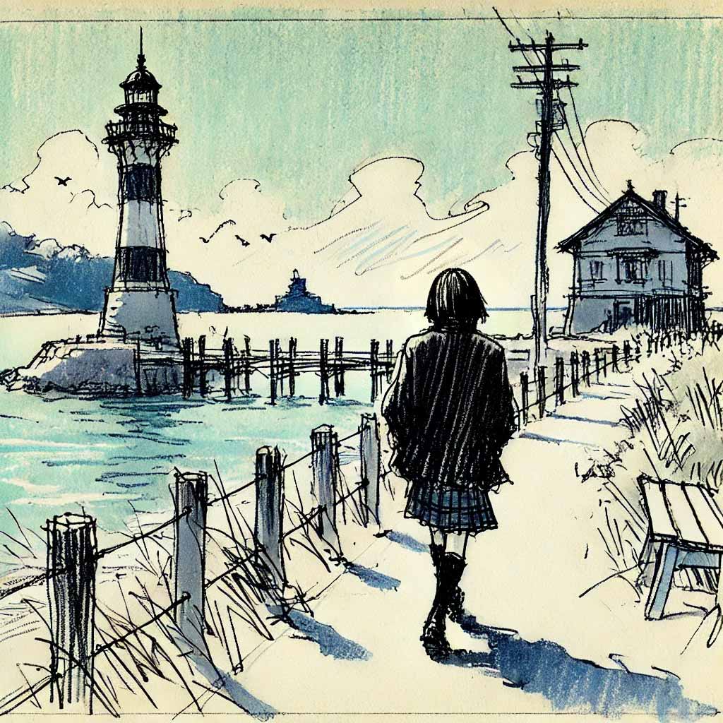 海辺を歩く中学生女子