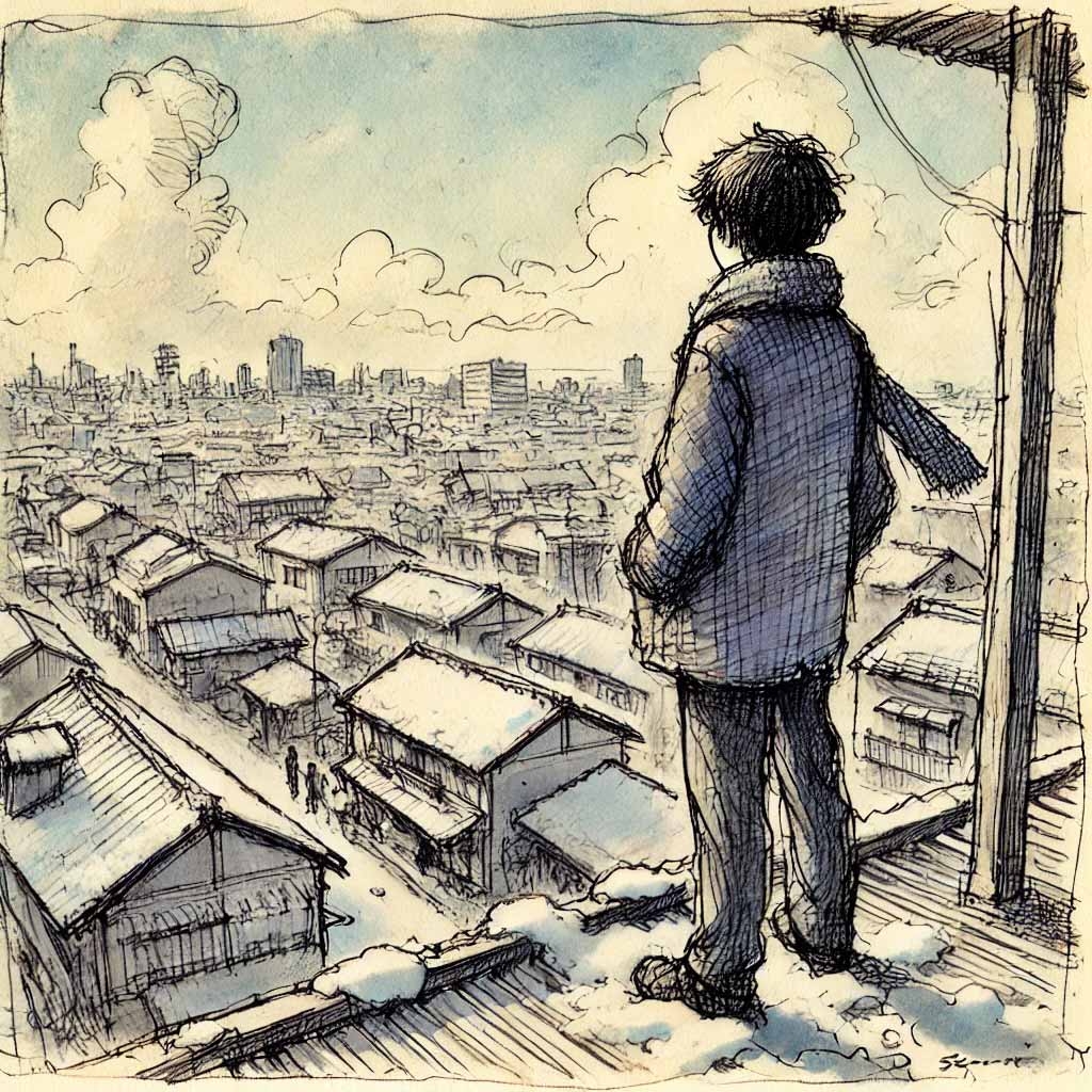 屋上から街を見下ろす中学生男子