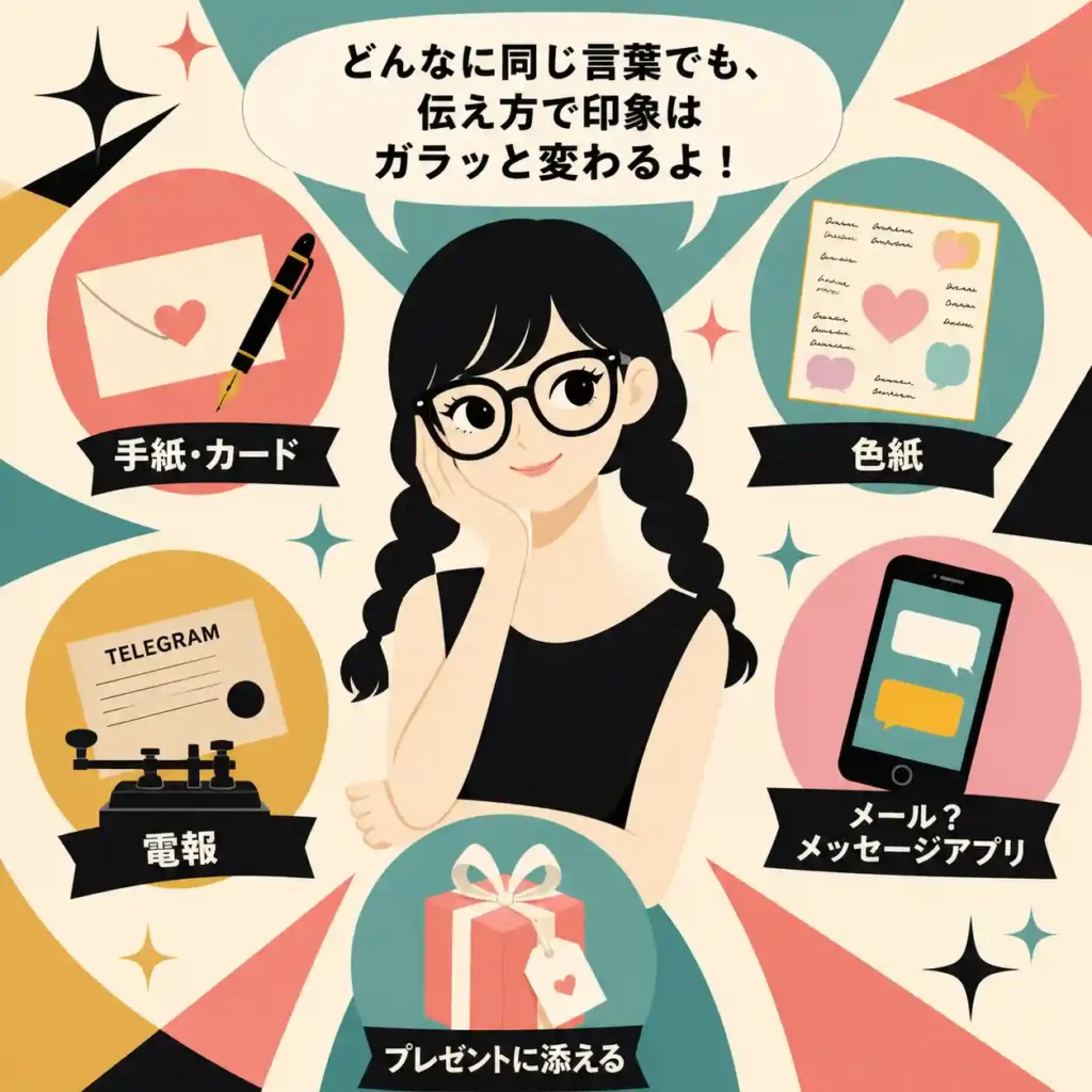 黒髪で太めの三つ編みと太いフレーム眼鏡の若い女性が中央に描かれ、「どんなに同じ言葉でも、伝え方で印象はガラッと変わるよ！」という吹き出しがある。周囲に手紙・カード、色紙、電報、メール・メッセージアプリ、プレゼントのアイコンが配置されたレトロ調インフォグラフィック。