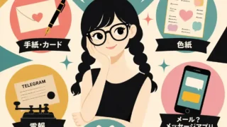 黒髪で太めの三つ編みと太いフレーム眼鏡の若い女性が中央に描かれ、「どんなに同じ言葉でも、伝え方で印象はガラッと変わるよ！」という吹き出しがある。周囲に手紙・カード、色紙、電報、メール・メッセージアプリ、プレゼントのアイコンが配置されたレトロ調インフォグラフィック。