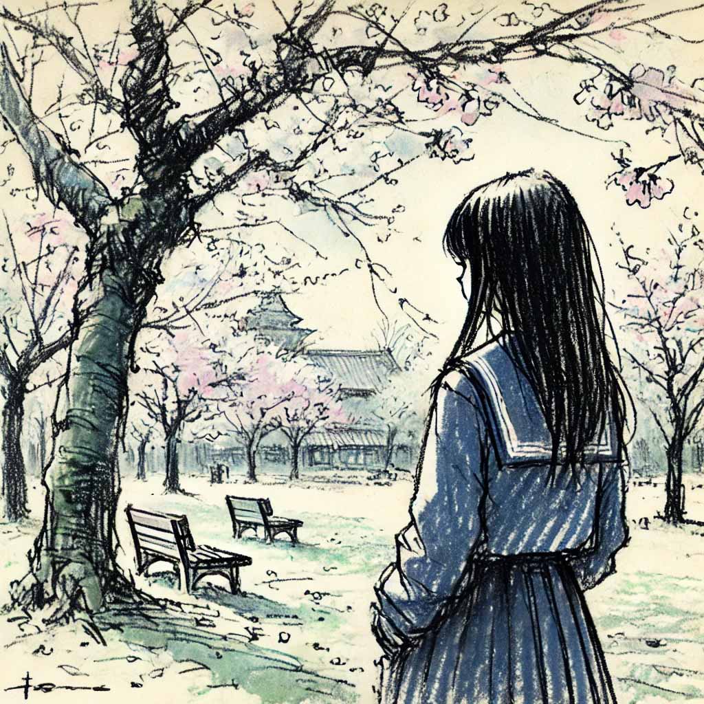 桜の下の中学生女子