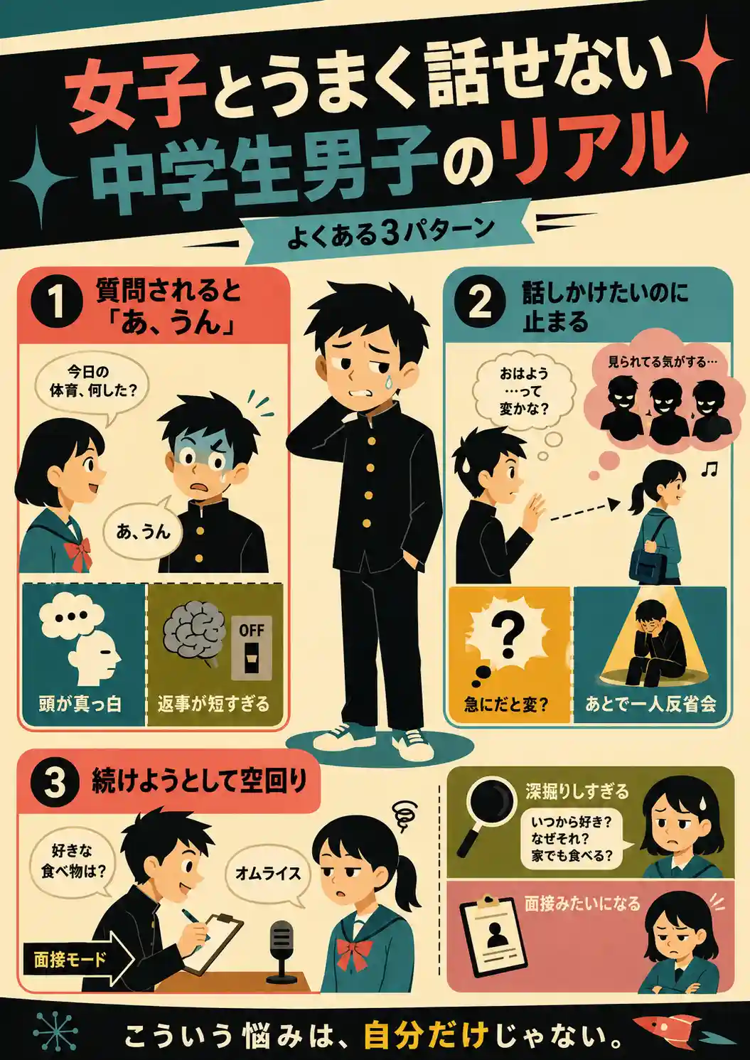 女子と話すのが苦手な中学生男子の悩みを、質問されると返事が短くなる、話しかけたいのに止まる、会話を続けようとして空回りする、の3パターンで示したレトロ調インフォグラフィック。