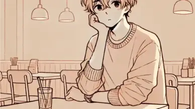 カフェで考え込んでいる男子