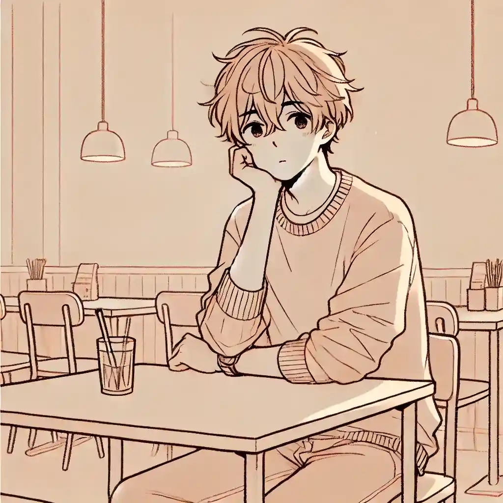 カフェで考え込んでいる男子