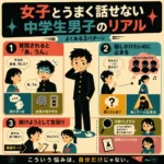女子と話すのが苦手な中学生男子の悩みを、質問されると返事が短くなる、話しかけたいのに止まる、会話を続けようとして空回りする、の3パターンで示したレトロ調インフォグラフィック。