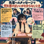 先輩へのメッセージの書き方を説明するインフォグラフィック。三つ編みでメガネの女子生徒がカードを書きながら、先輩の印象や思い出をどう言葉にするか4つのポイントで示している。