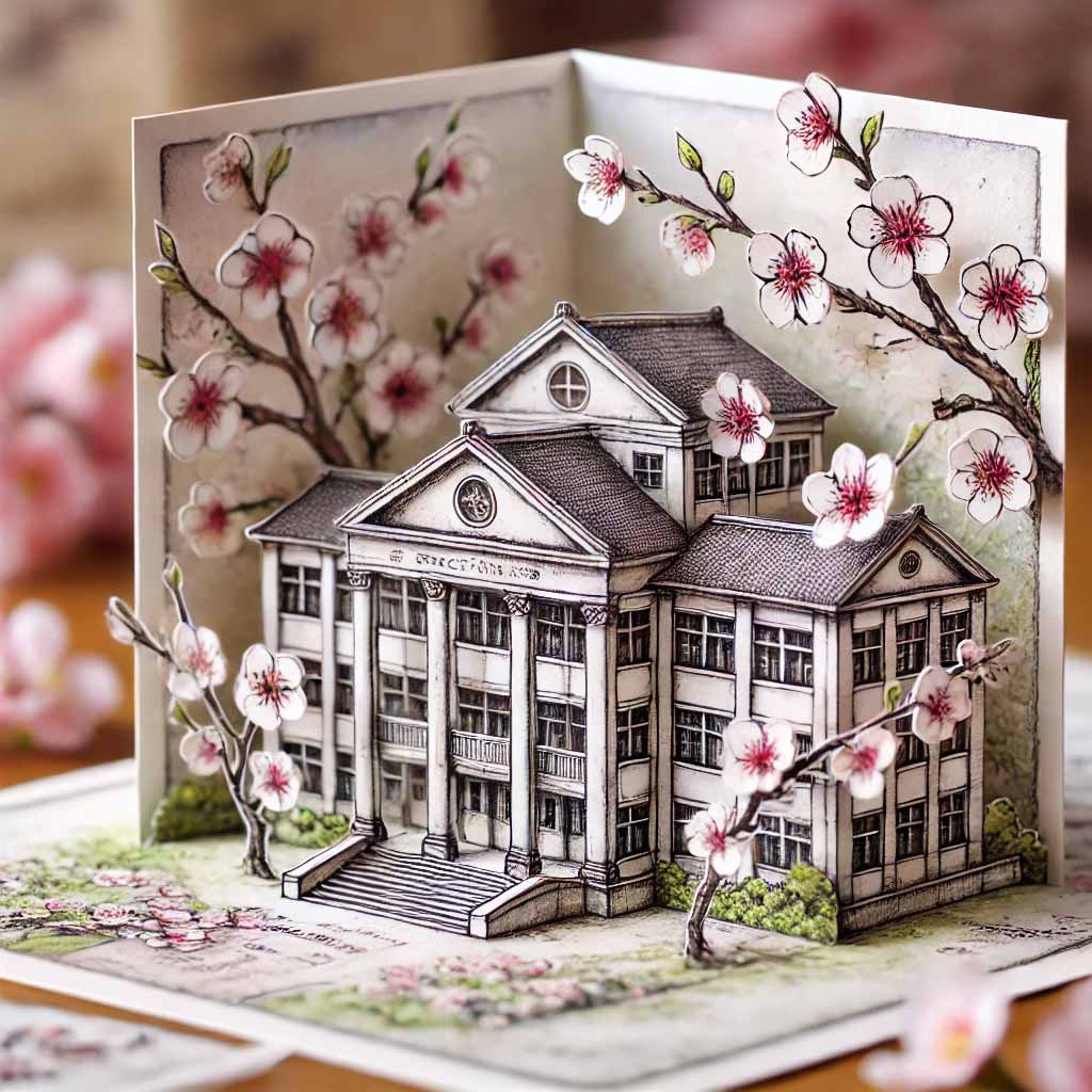 立体カード 校舎と桜
