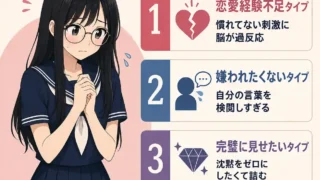 好きな人の前で緊張する女子中学生を描いたインフォグラフィック。恋愛経験不足、嫌われたくない、完璧に見せたい、好きバレ回避の4つの原因をランキング形式で紹介。