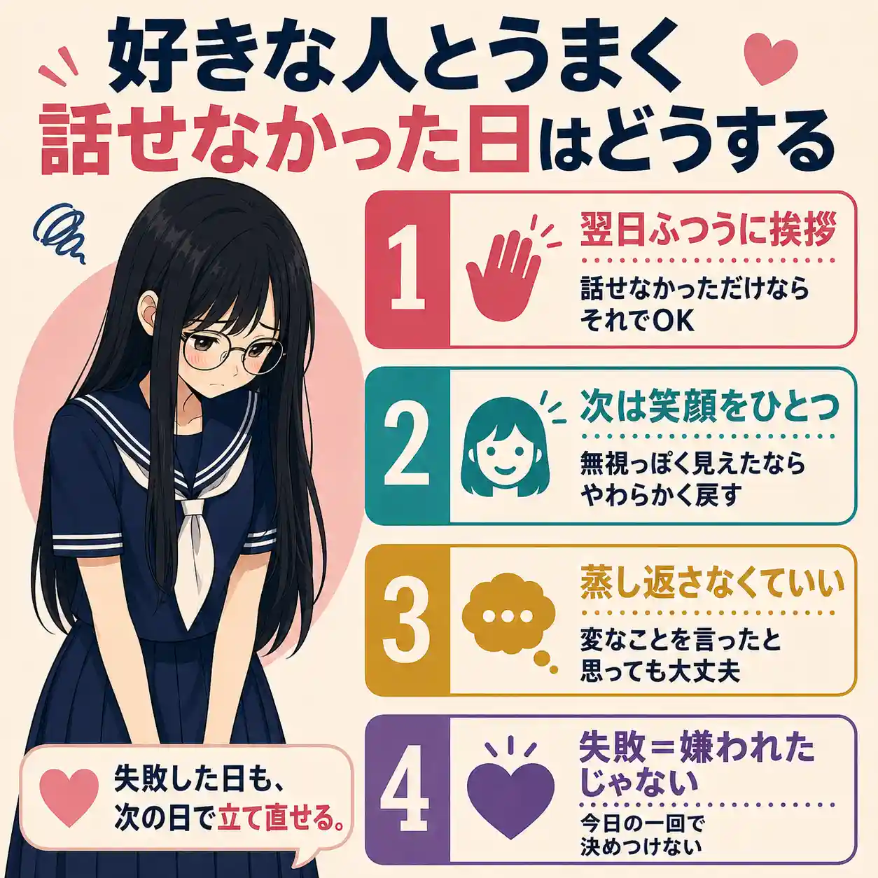 好きな人とうまく話せなかった日にどう立て直すかをまとめたインフォグラフィック。落ち込む女子中学生と、翌日の挨拶、笑顔、蒸し返さないこと、失敗を決めつけないことの4つの対処法を紹介している。