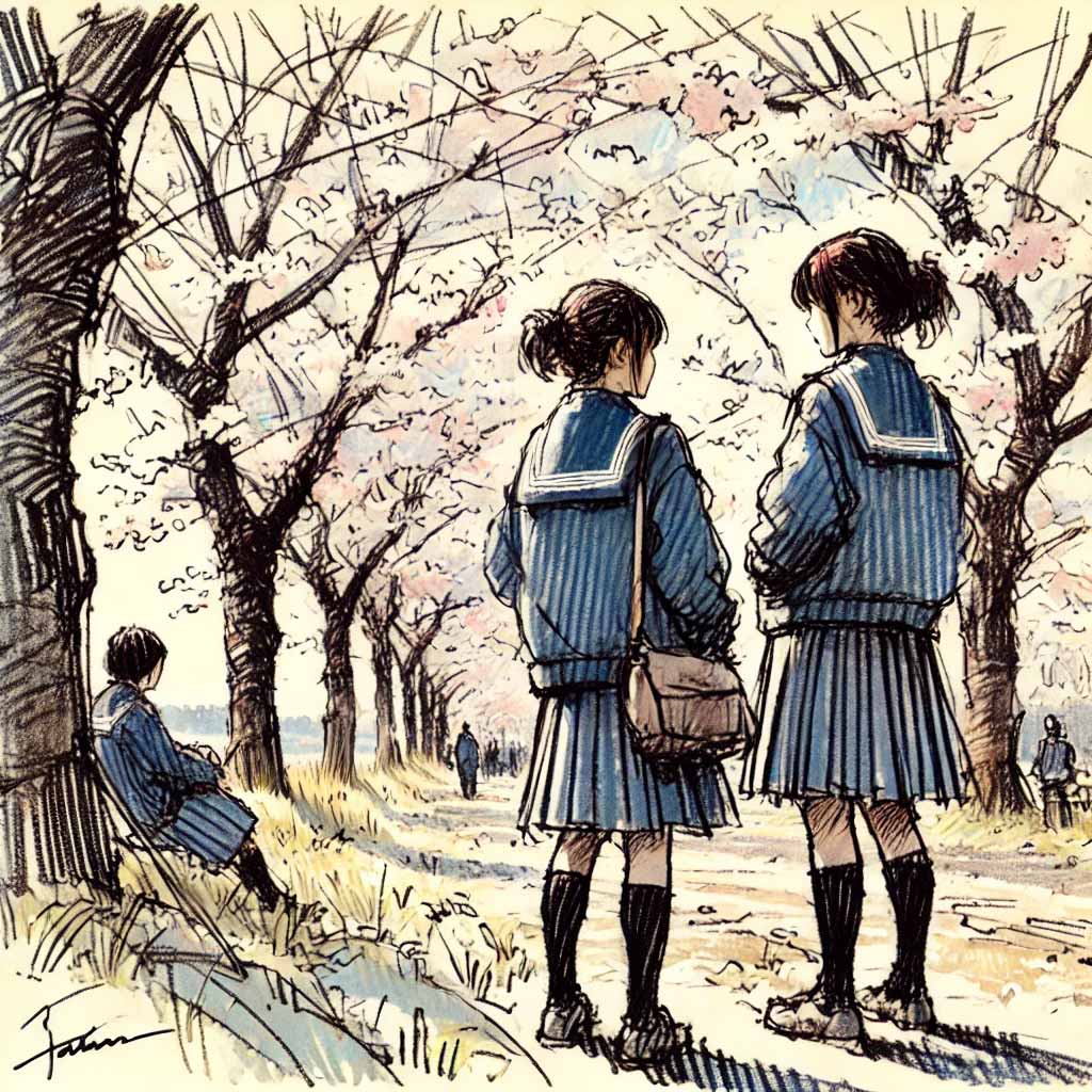 友達と桜の下で