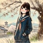 桜の木のした少し照れている中学生女子