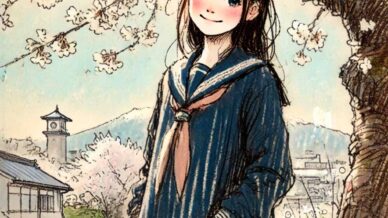 桜の木のした少し照れている中学生女子