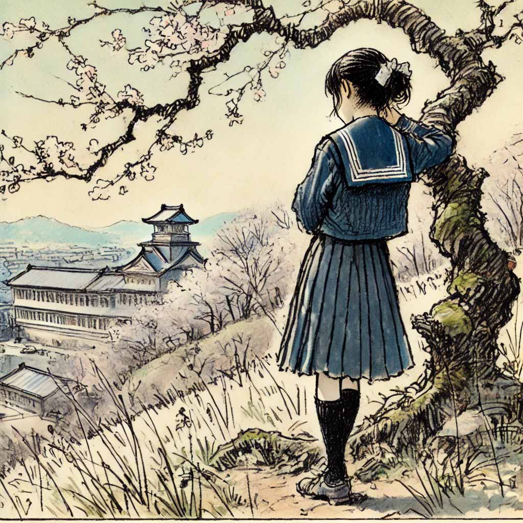 丘の上から学校を見ている女子