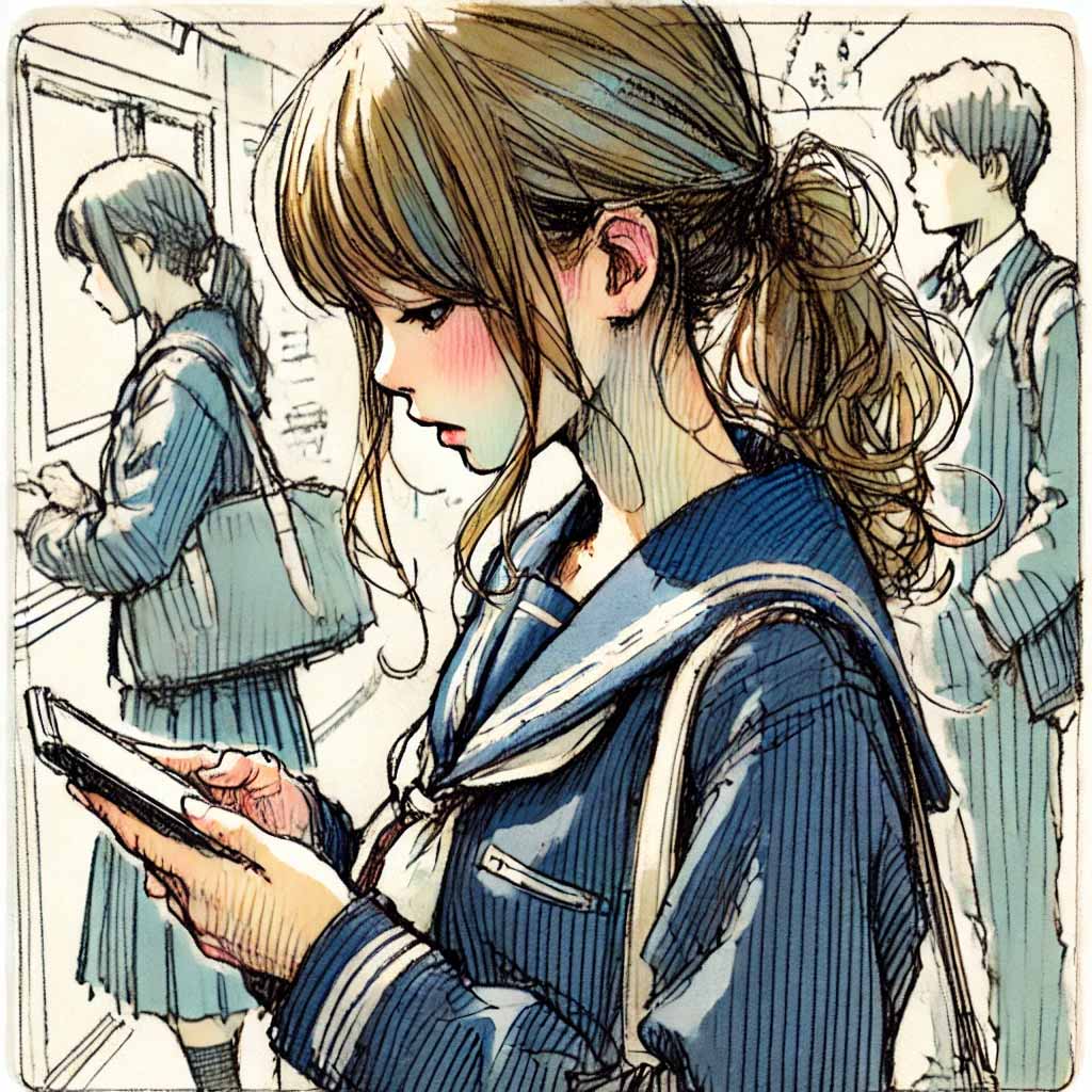 スマホをいじる中学生女子