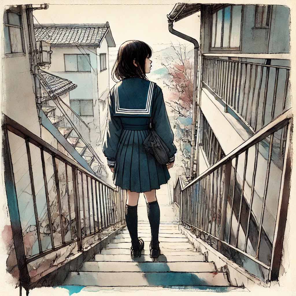 階段の上の中学生女子