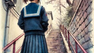 中学生女子　路地の階段の桜を見ている