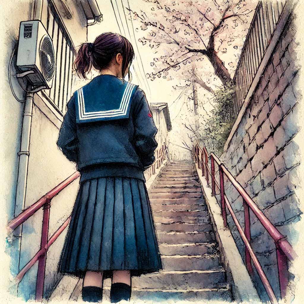 中学生女子　路地の階段の桜を見ている