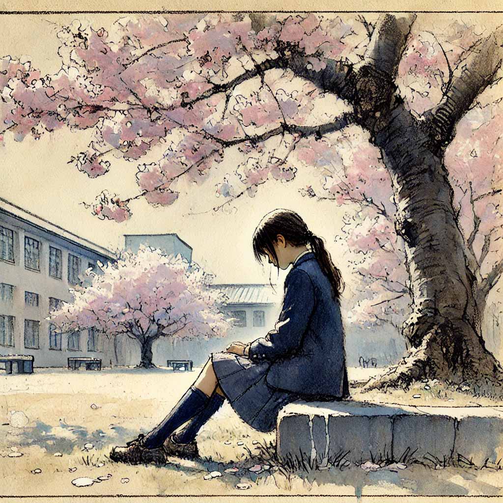 校庭の桜の下に一人でいる中学生女子 