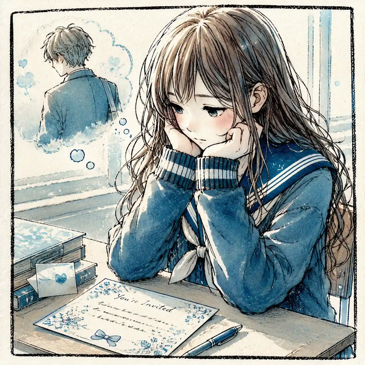 先輩を思い浮かべながら書いている女子