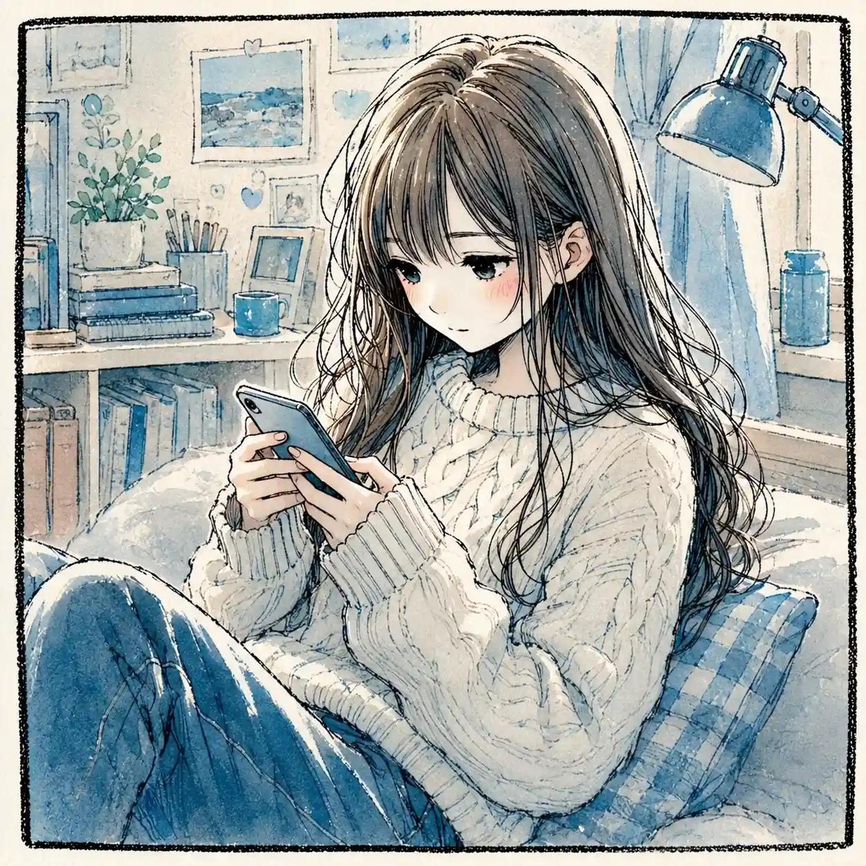 自宅からスマホで案内状をおくる女子