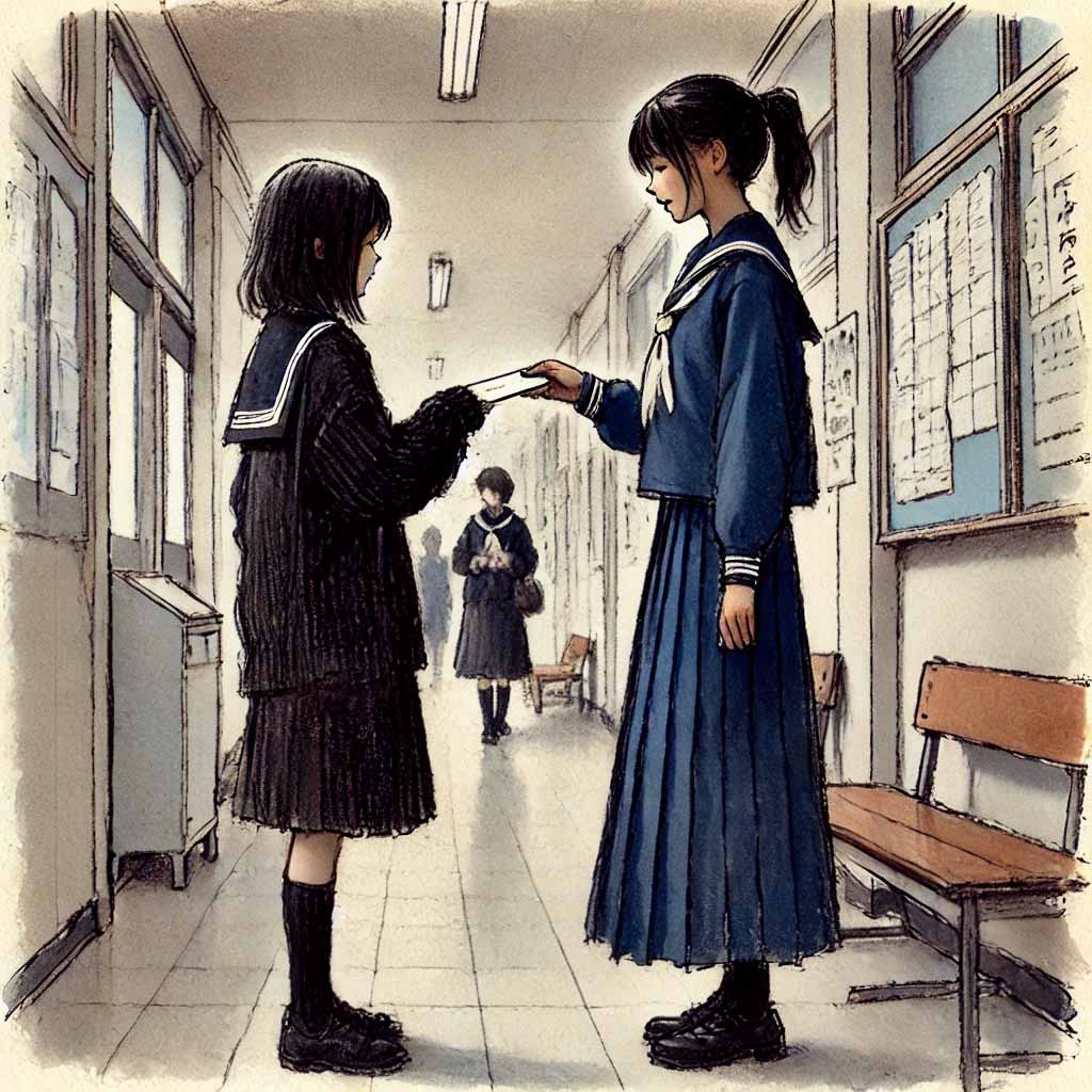 先輩に招待状をわたす