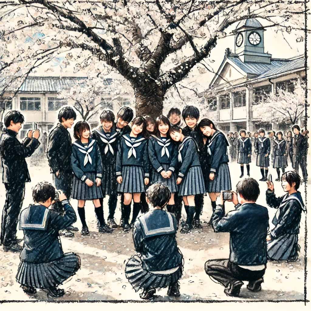 桜の下で記念写真