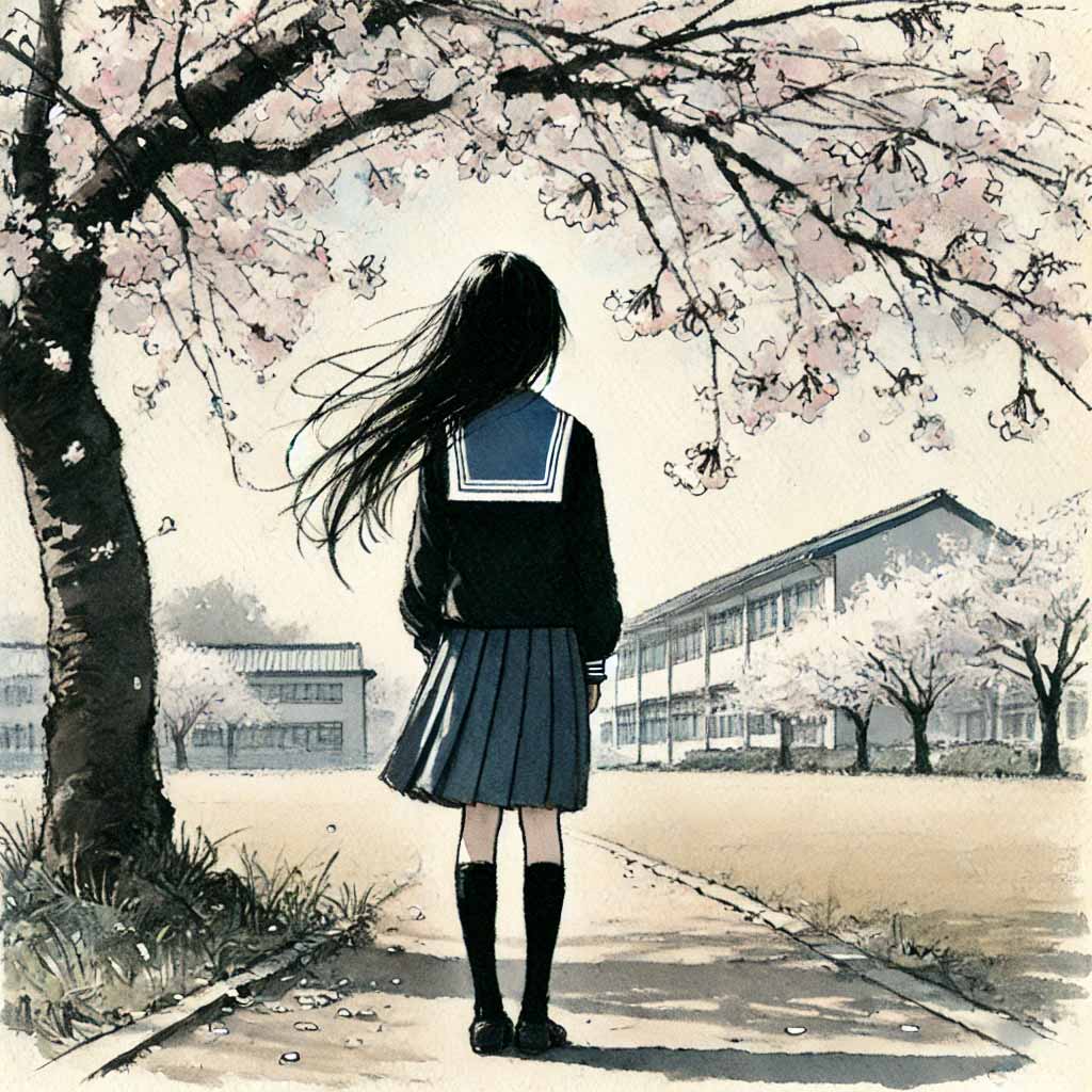 桜の下に佇む女子