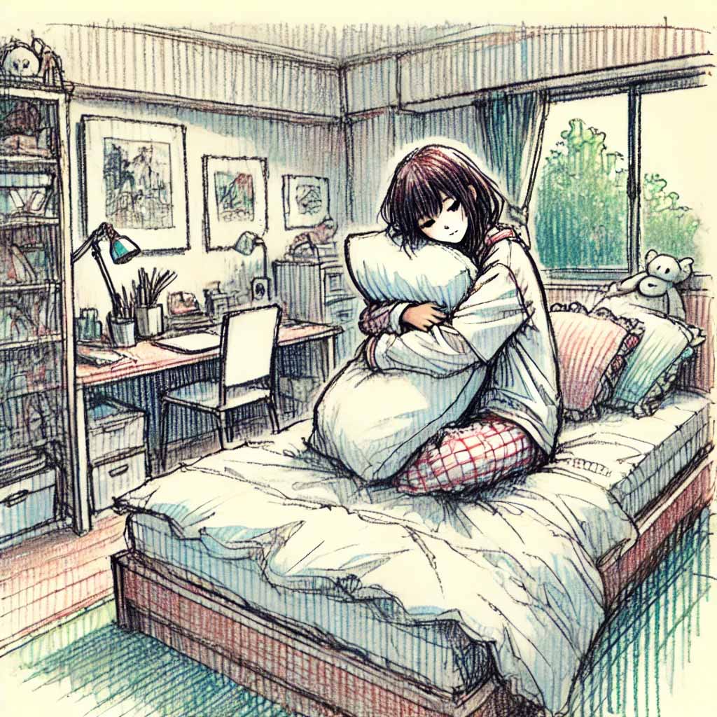 先輩を思って枕を抱きしめる中学生女子