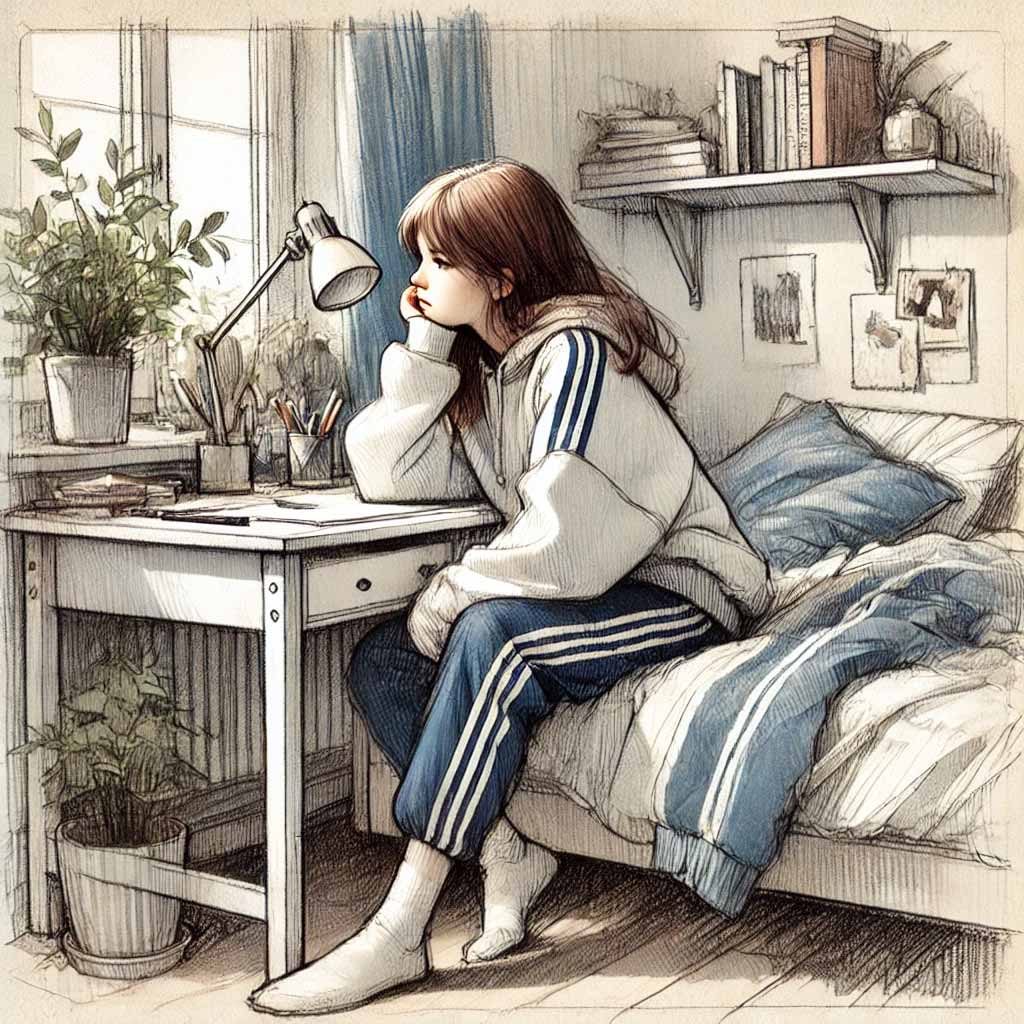 自分の部屋で頬杖をつく中学生女子