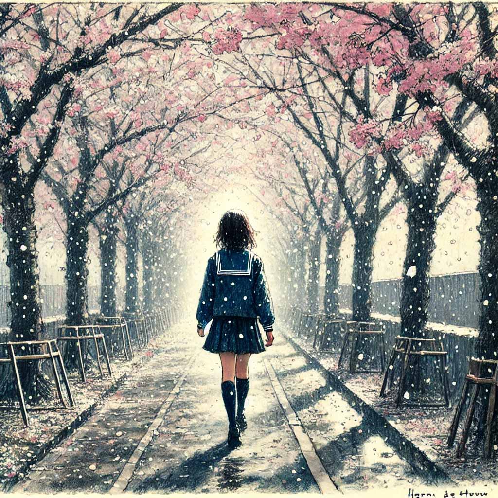 桜吹雪の中　一人歩いている中学生女子