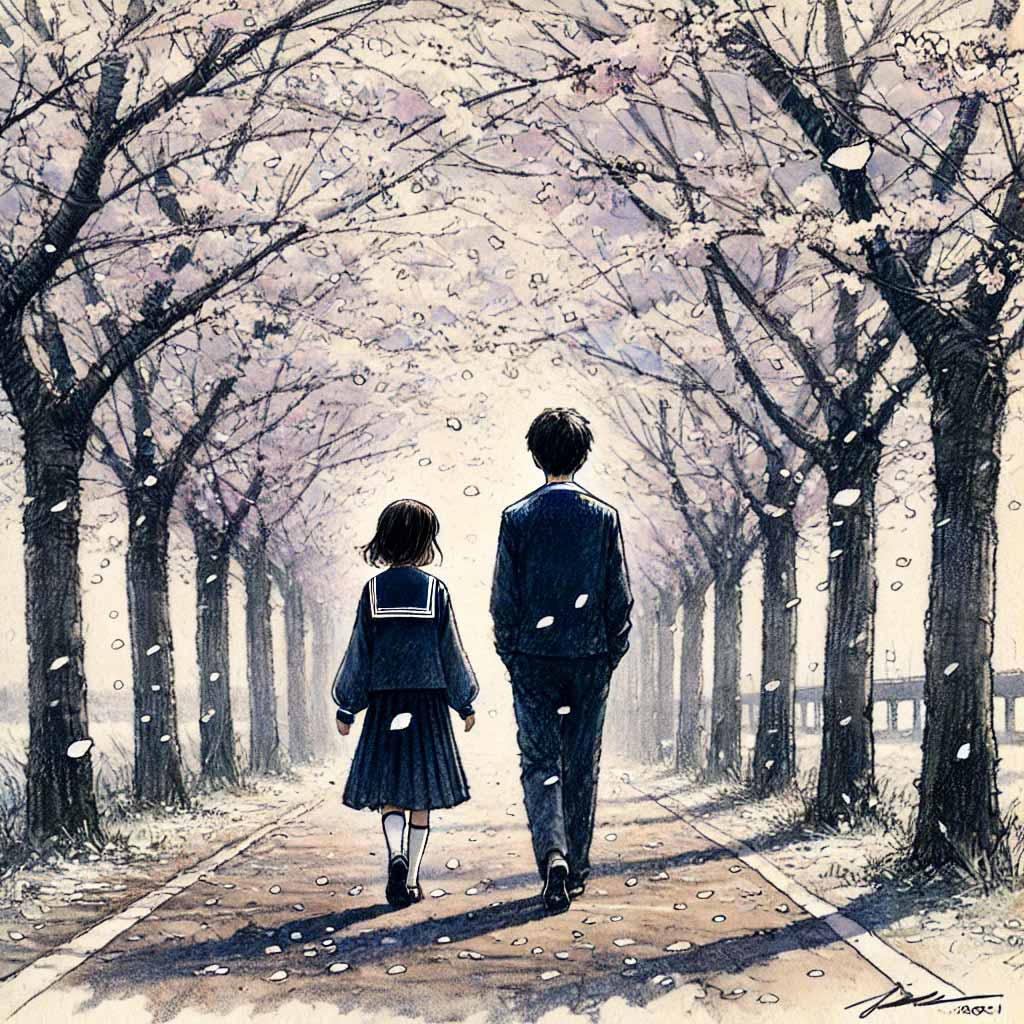 先輩と二人で歩く桜並木