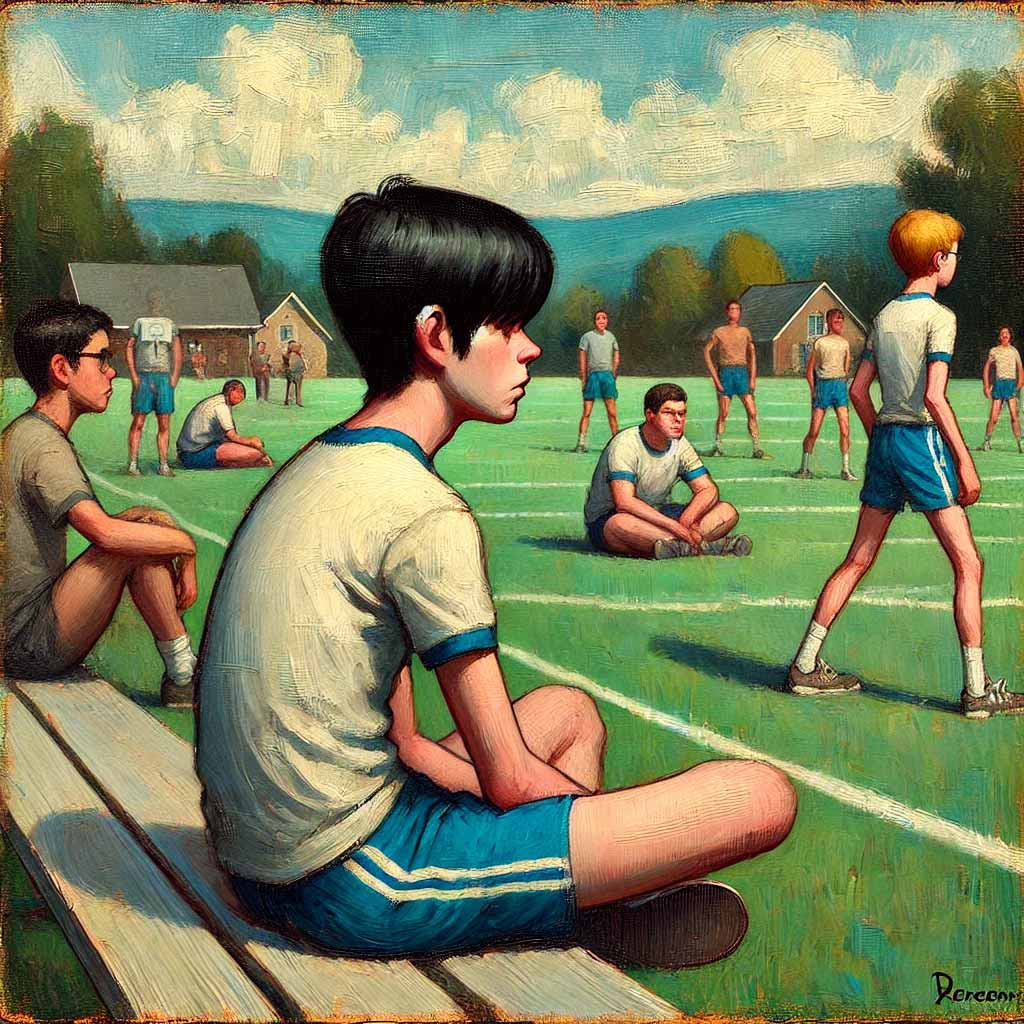 ベンチにいる運動音痴の中学生男子