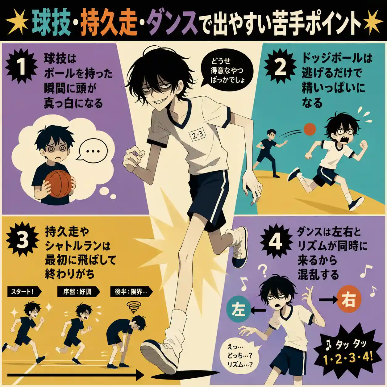 球技・持久走・ダンスで出やすい苦手ポイントをまとめたインフォグラフィック。体操着のやせた男子生徒がぎくしゃく走りながら、球技はボールを持つと頭が真っ白、ドッジボールは逃げるだけで精いっぱい、持久走やシャトルランは最初に飛ばして後半失速、ダンスは左右とリズムが同時に来て混乱する、という4つの悩みを紹介している。