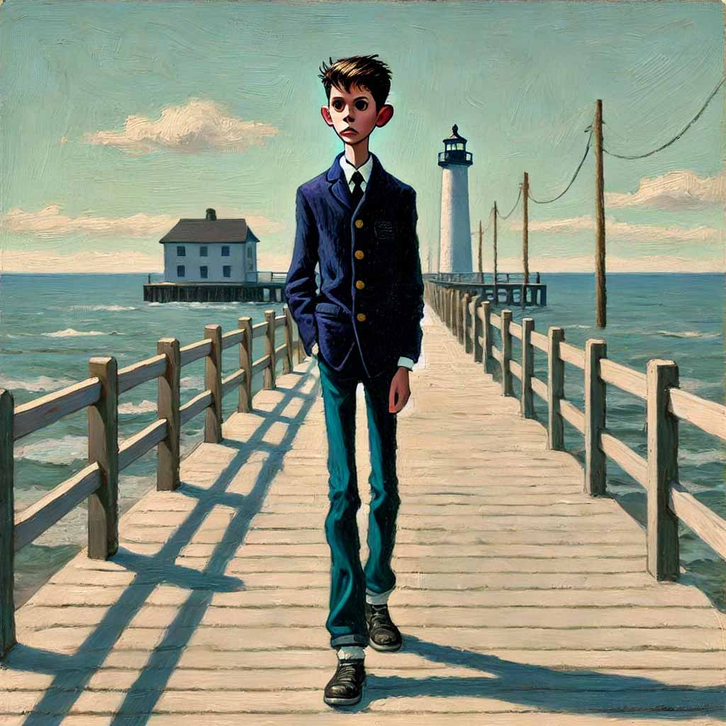 中学生男子 桟橋を歩く