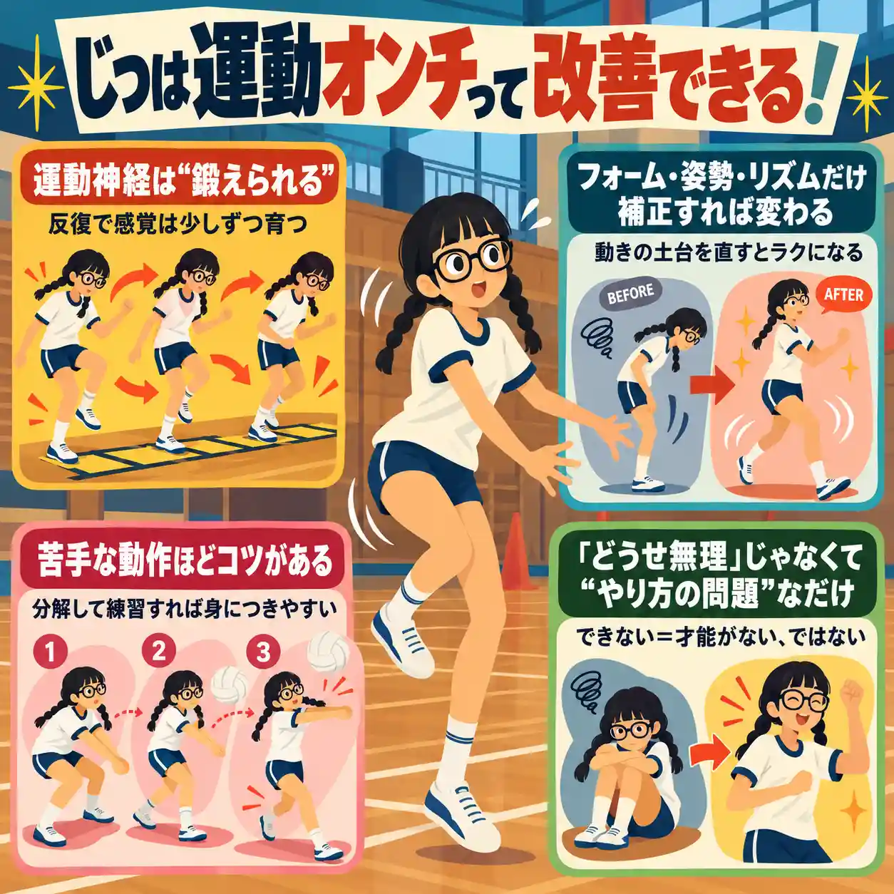 体育館で体操着の女子がぎこちなく動きながら、運動オンチは改善できるポイントを4つで紹介するインフォグラフィック